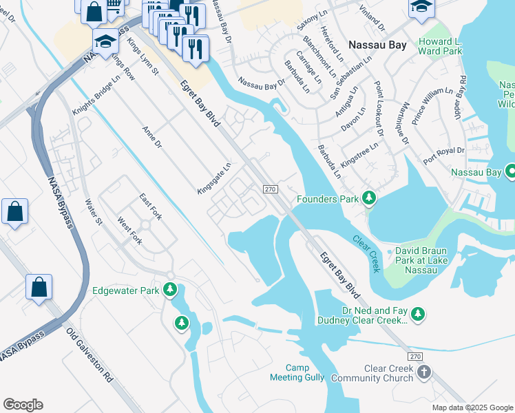 map of restaurants, bars, coffee shops, grocery stores, and more near 18800 Egret Bay Boulevard in Houston