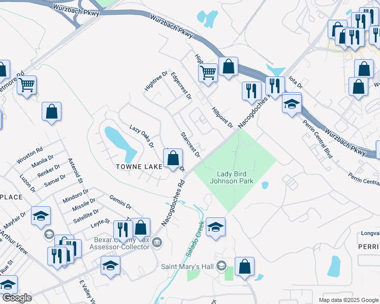 map of restaurants, bars, coffee shops, grocery stores, and more near 10557 Starcrest Drive in San Antonio