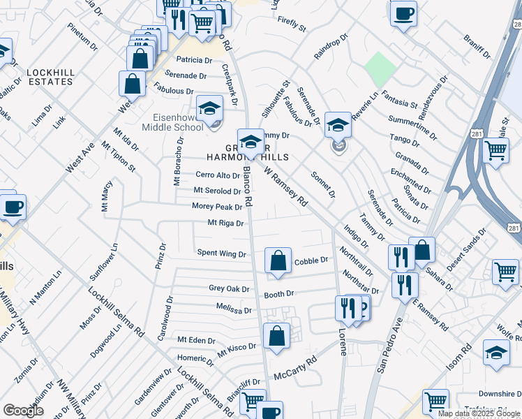 map of restaurants, bars, coffee shops, grocery stores, and more near 10519 Tally Ho Lane in San Antonio