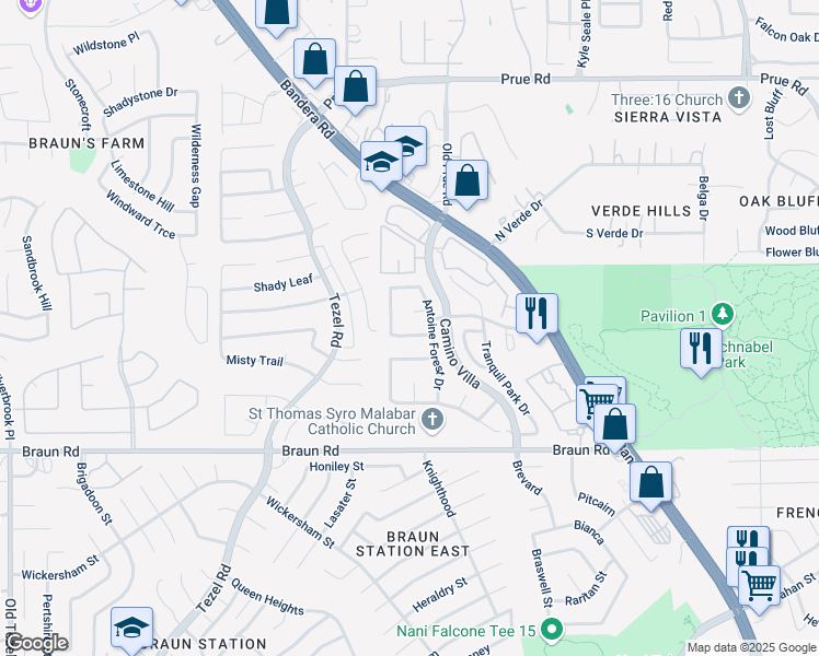 map of restaurants, bars, coffee shops, grocery stores, and more near 8519 Camberwell Drive in San Antonio