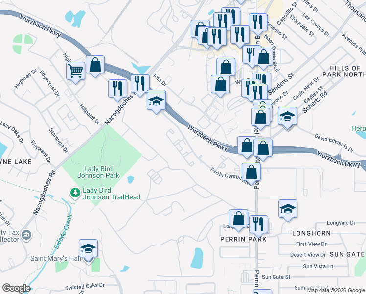 map of restaurants, bars, coffee shops, grocery stores, and more near 3800 Perrin Central Boulevard in San Antonio