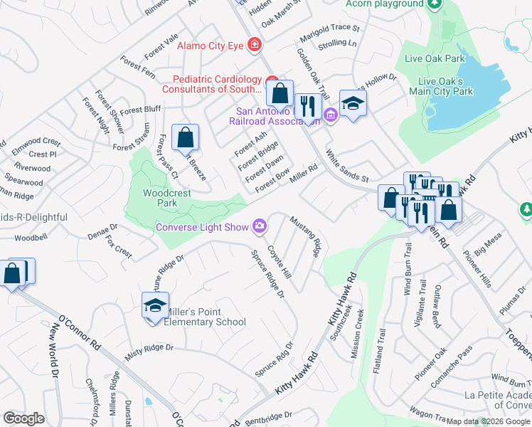 map of restaurants, bars, coffee shops, grocery stores, and more near 10702 Mustang Ridge in Converse