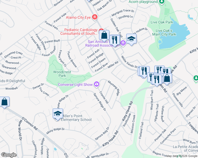 map of restaurants, bars, coffee shops, grocery stores, and more near 10702 Mustang Ridge in Converse