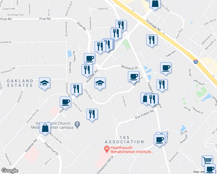 map of restaurants, bars, coffee shops, grocery stores, and more near 999 USAA Boulevard in San Antonio