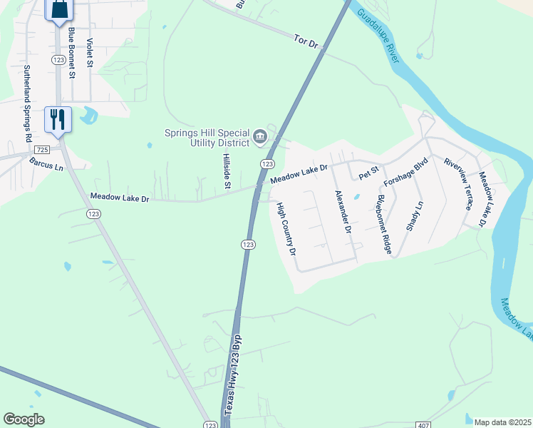 map of restaurants, bars, coffee shops, grocery stores, and more near 100 High Country Drive in Seguin