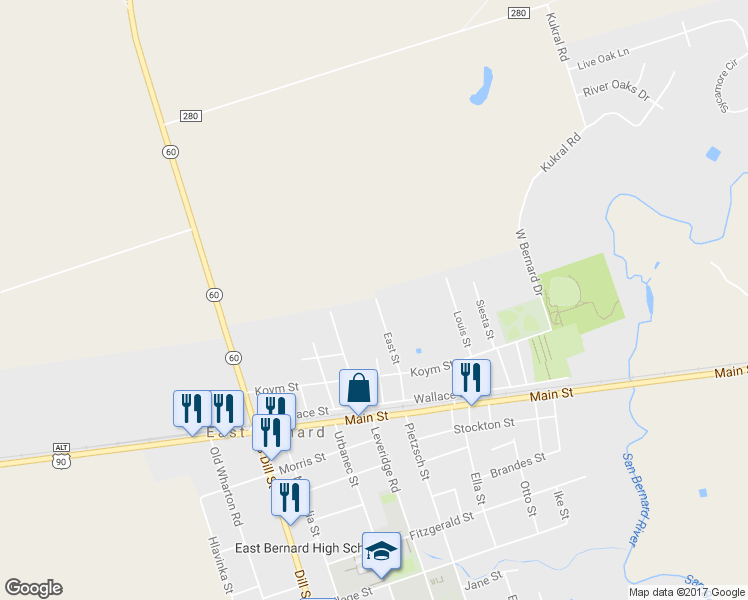 map of restaurants, bars, coffee shops, grocery stores, and more near 419 East Street in East Bernard