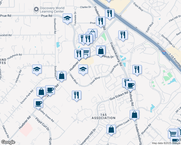 map of restaurants, bars, coffee shops, grocery stores, and more near 999 USAA Boulevard in San Antonio