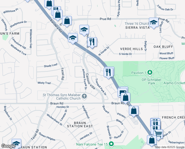 map of restaurants, bars, coffee shops, grocery stores, and more near 9606 Tranquil Park Drive in San Antonio
