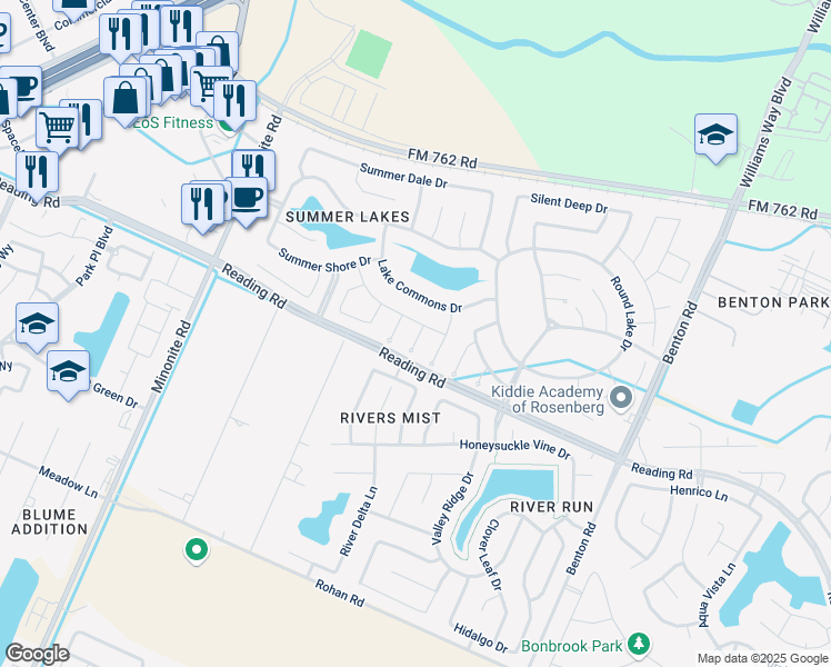 map of restaurants, bars, coffee shops, grocery stores, and more near 502 Summer Acres Court in Rosenberg