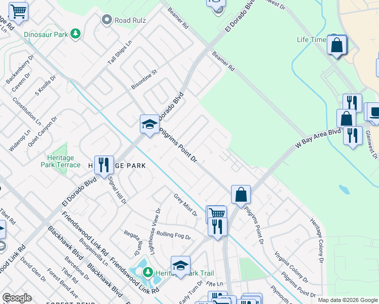 map of restaurants, bars, coffee shops, grocery stores, and more near 2423 Farriers Bend Drive in Friendswood