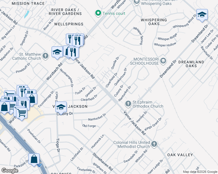 map of restaurants, bars, coffee shops, grocery stores, and more near 3122 Clearfield Drive in San Antonio