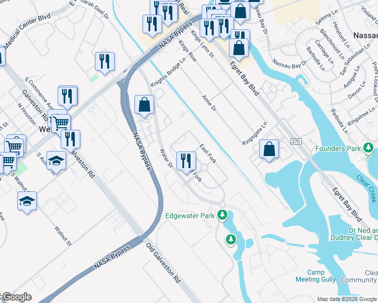 map of restaurants, bars, coffee shops, grocery stores, and more near 619 Aquilla Square in Webster