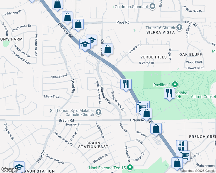 map of restaurants, bars, coffee shops, grocery stores, and more near 9606 Tranquil Park Drive in San Antonio