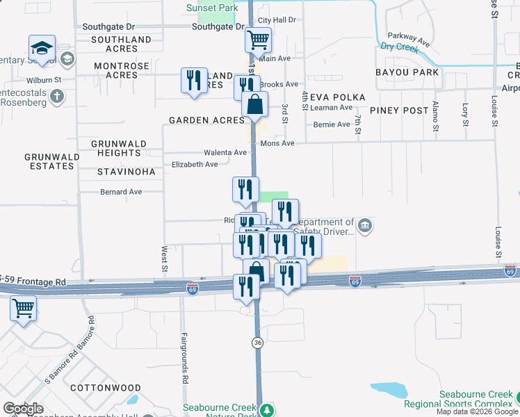 map of restaurants, bars, coffee shops, grocery stores, and more near 3102 1st Street in Rosenberg