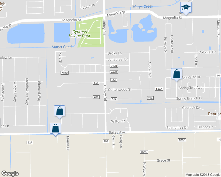 map of restaurants, bars, coffee shops, grocery stores, and more near 5601 Cottonwood Street in Pearland