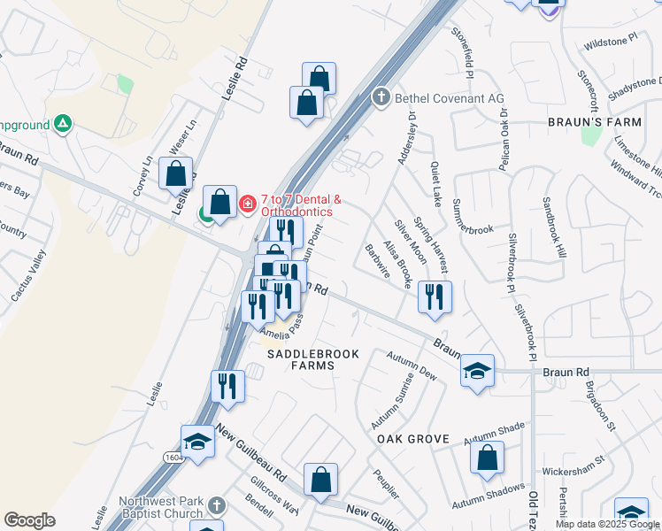 map of restaurants, bars, coffee shops, grocery stores, and more near 11026 Scenic Point in San Antonio