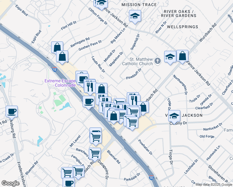 map of restaurants, bars, coffee shops, grocery stores, and more near 9898 Colonnade Boulevard in San Antonio