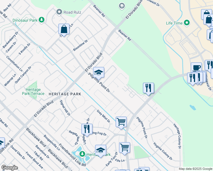 map of restaurants, bars, coffee shops, grocery stores, and more near 2423 Farriers Bend Drive in Friendswood