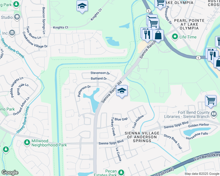 map of restaurants, bars, coffee shops, grocery stores, and more near 6254 Ledger Lane in Missouri City