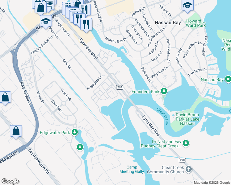 map of restaurants, bars, coffee shops, grocery stores, and more near 18800 Egret Bay Boulevard in Houston