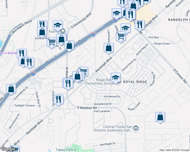 map of restaurants, bars, coffee shops, grocery stores, and more near 5800 Royal Club in San Antonio