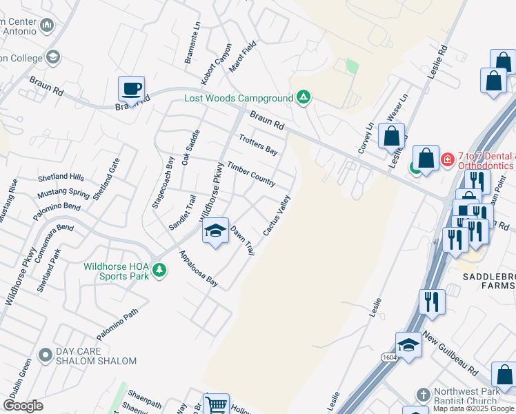 map of restaurants, bars, coffee shops, grocery stores, and more near 10214 Shetland Bend in San Antonio