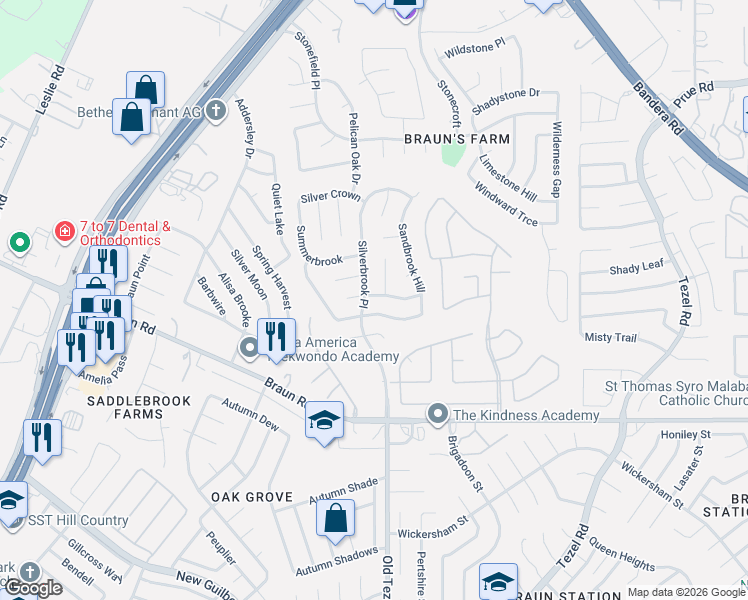 map of restaurants, bars, coffee shops, grocery stores, and more near 9503 Winding Elm Place in San Antonio