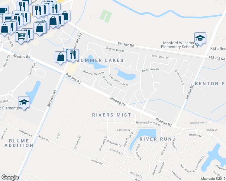 map of restaurants, bars, coffee shops, grocery stores, and more near 502 Summer Acres Court in Rosenberg