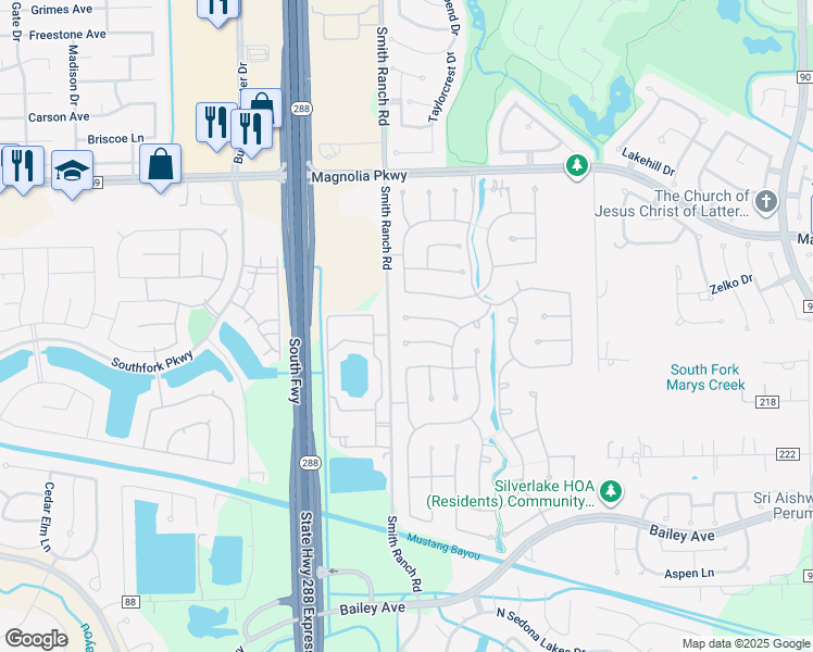 map of restaurants, bars, coffee shops, grocery stores, and more near 2610 Katie Harbor Drive in Manvel