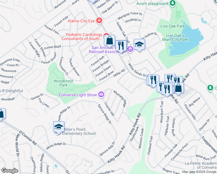 map of restaurants, bars, coffee shops, grocery stores, and more near 10702 Mustang Ridge in Converse