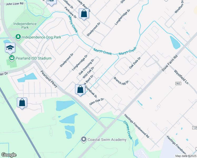 map of restaurants, bars, coffee shops, grocery stores, and more near 1829 Barretts Glen Drive in Pearland