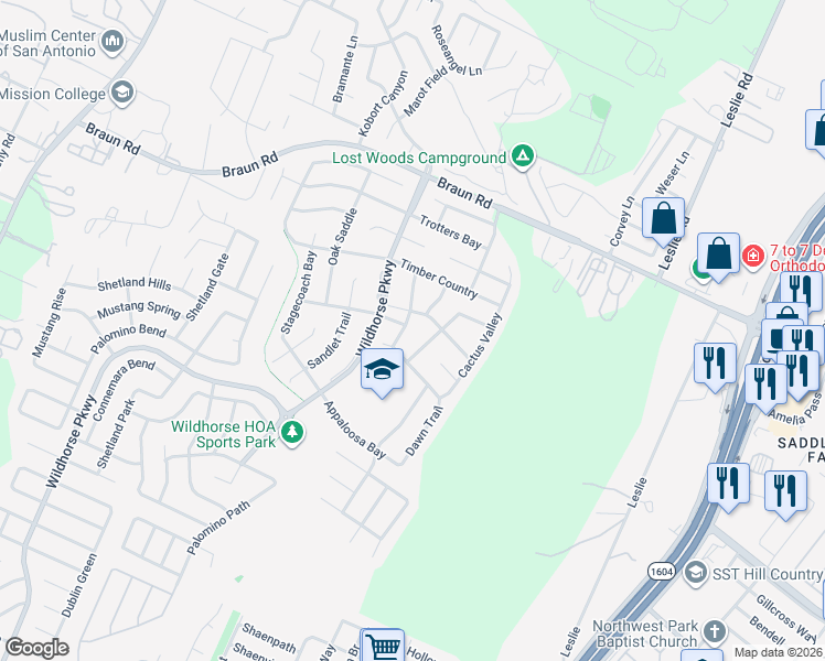 map of restaurants, bars, coffee shops, grocery stores, and more near 10314 Wild Rose Bay in San Antonio
