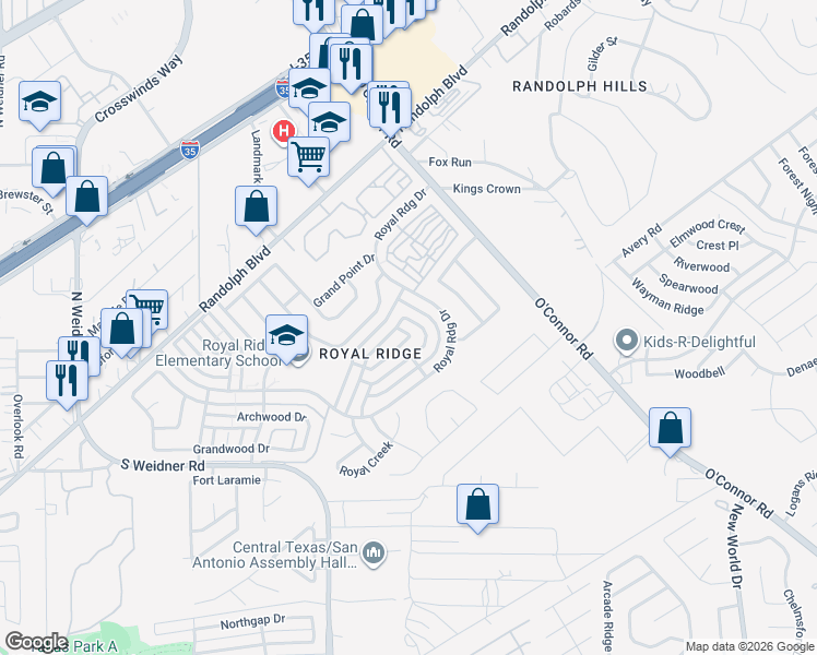 map of restaurants, bars, coffee shops, grocery stores, and more near 6138 Royal Breeze in San Antonio
