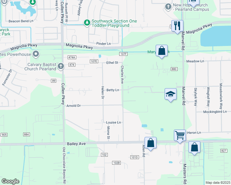 map of restaurants, bars, coffee shops, grocery stores, and more near 4828 Betty Lane in Pearland