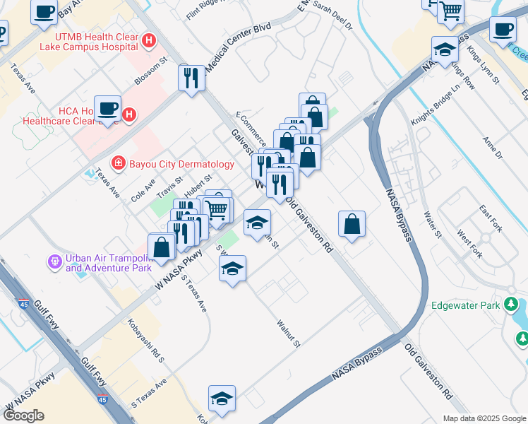 map of restaurants, bars, coffee shops, grocery stores, and more near 201 West Nasa Parkway in Webster