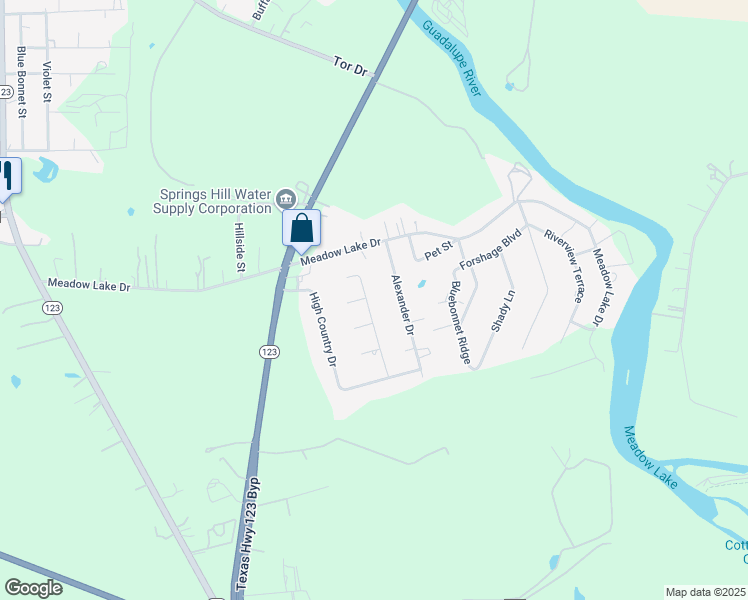 map of restaurants, bars, coffee shops, grocery stores, and more near 131 Santa Fe Ridge in Seguin
