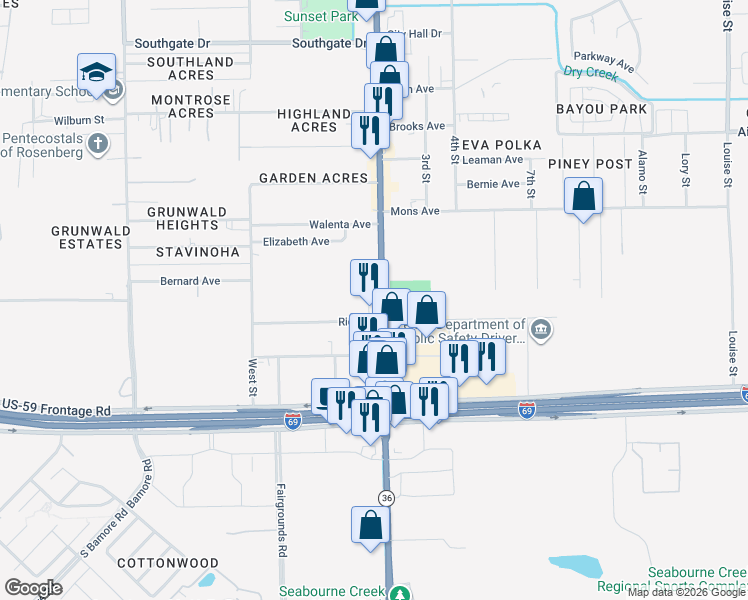 map of restaurants, bars, coffee shops, grocery stores, and more near 3102 1st Street in Rosenberg