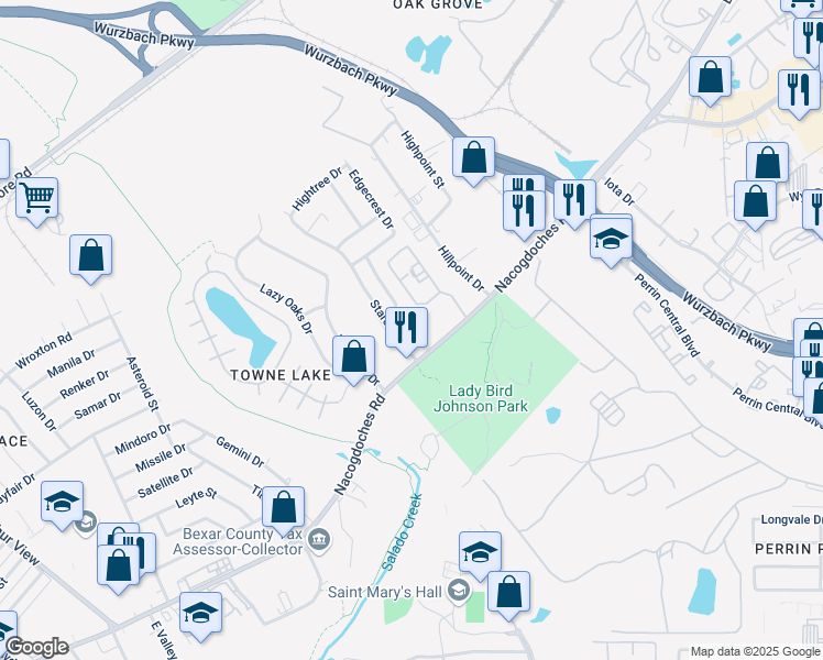 map of restaurants, bars, coffee shops, grocery stores, and more near 10601 Nacogdoches Road in San Antonio