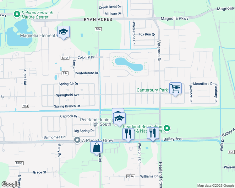 map of restaurants, bars, coffee shops, grocery stores, and more near Springfield Avenue in Pearland