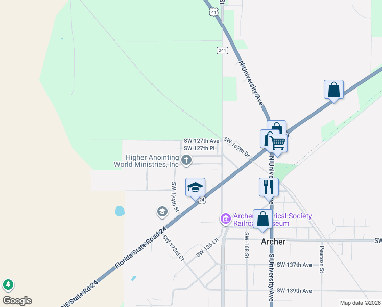 map of restaurants, bars, coffee shops, grocery stores, and more near 17229 Southwest 127th Place in Archer
