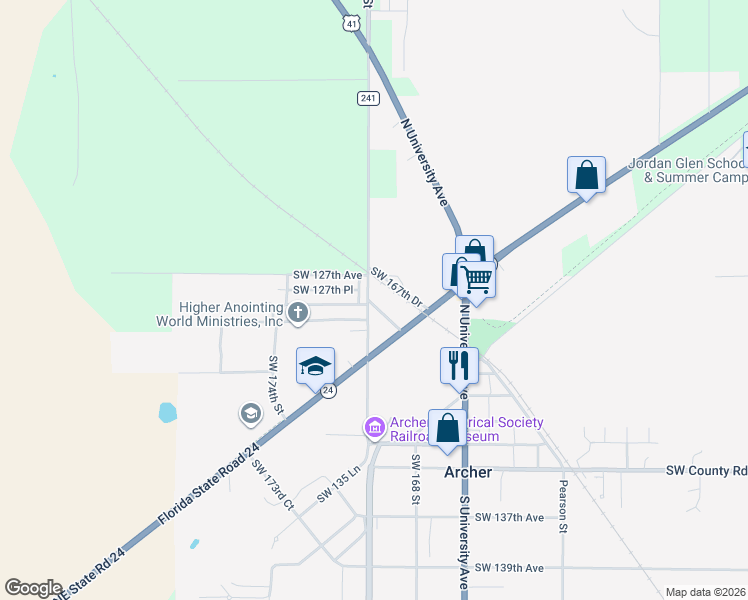 map of restaurants, bars, coffee shops, grocery stores, and more near 12845 Southwest 169th Drive in Archer
