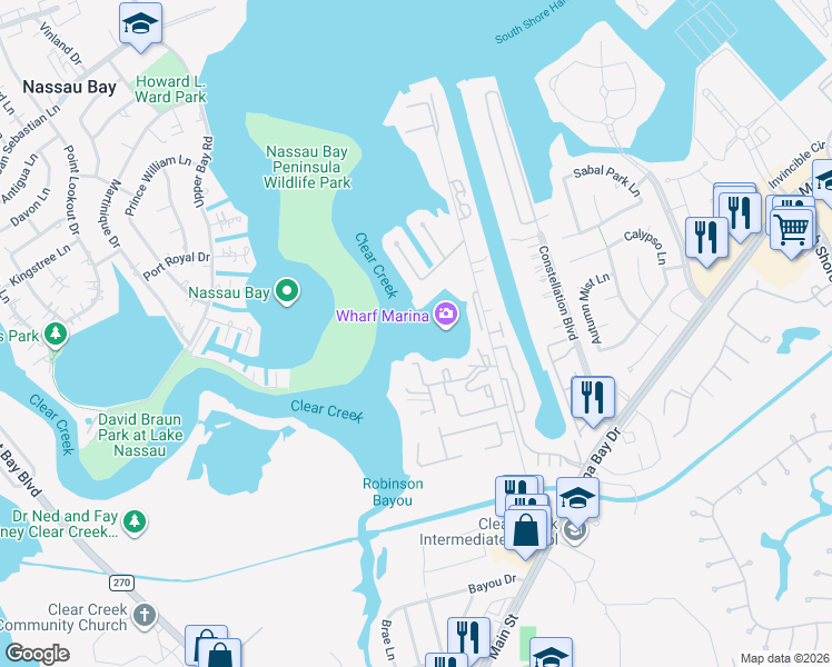 map of restaurants, bars, coffee shops, grocery stores, and more near 2310 Crows Nest Drive in League City