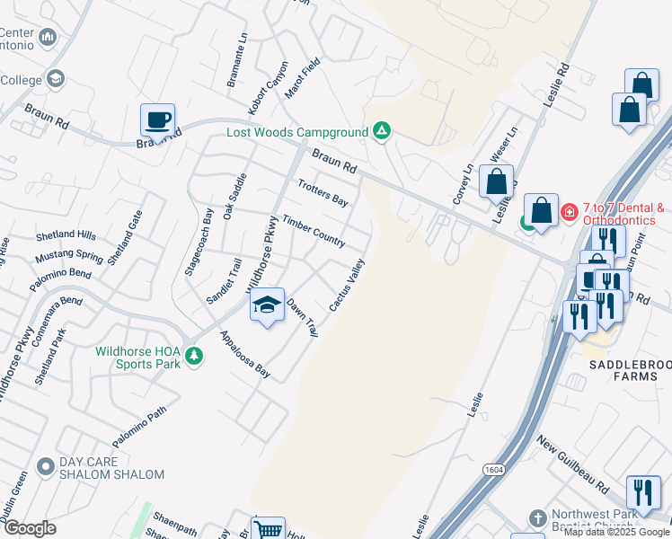 map of restaurants, bars, coffee shops, grocery stores, and more near 10214 Shetland Bend in San Antonio
