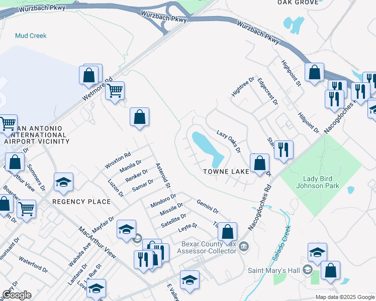 map of restaurants, bars, coffee shops, grocery stores, and more near 3514 Joshua Batton in San Antonio