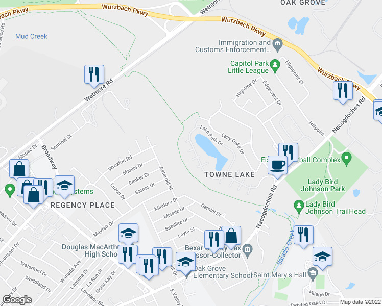 map of restaurants, bars, coffee shops, grocery stores, and more near 3514 Joshua Batton in San Antonio