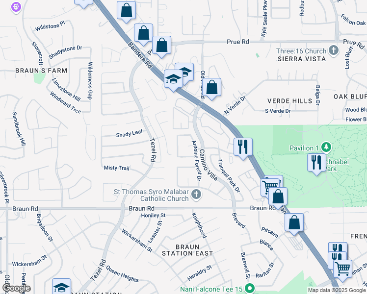 map of restaurants, bars, coffee shops, grocery stores, and more near 8519 Camberwell Drive in San Antonio