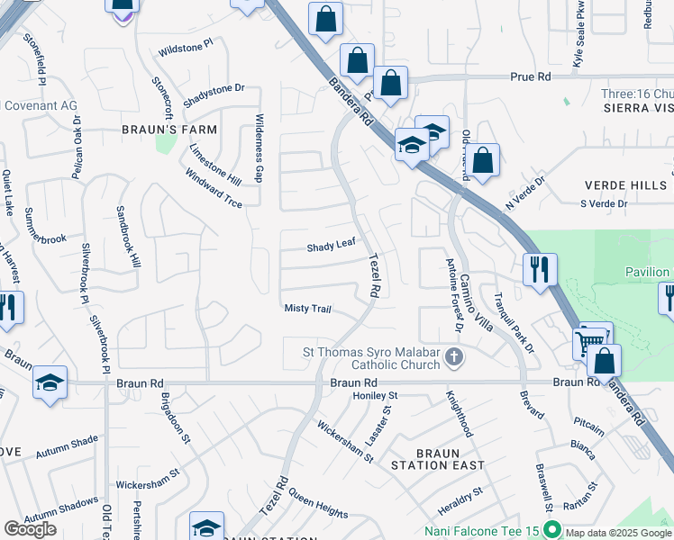 map of restaurants, bars, coffee shops, grocery stores, and more near 8830 Shady Winds in San Antonio