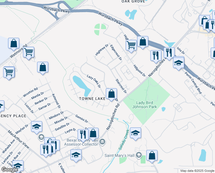 map of restaurants, bars, coffee shops, grocery stores, and more near 10615 Wayward Drive in San Antonio