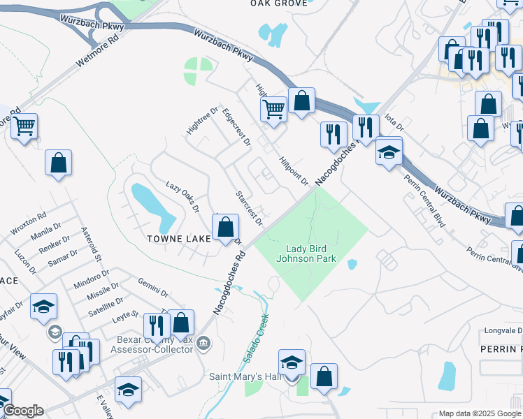 map of restaurants, bars, coffee shops, grocery stores, and more near 10601 Nacogdoches Road in San Antonio