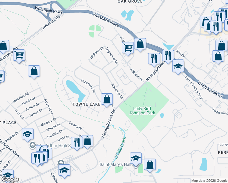 map of restaurants, bars, coffee shops, grocery stores, and more near 10557 Starcrest Drive in San Antonio